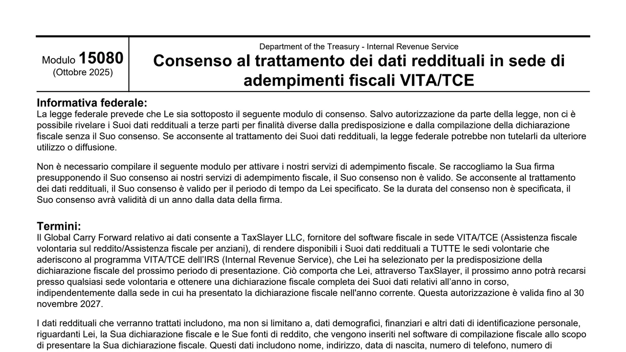 Top of page 1 of Form 15080 (it): Consent to Disclose to VITA/TCE Sites, Italian Version, as printed by IRS