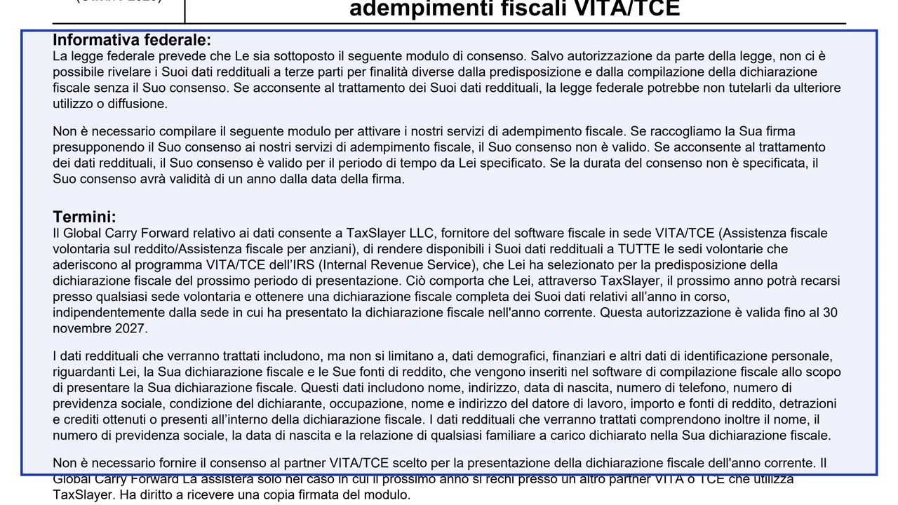 Informativa federale on page 1 of Form 15080 (it): Consent to Disclose to VITA/TCE Sites, Italian Version, as printed by IRS