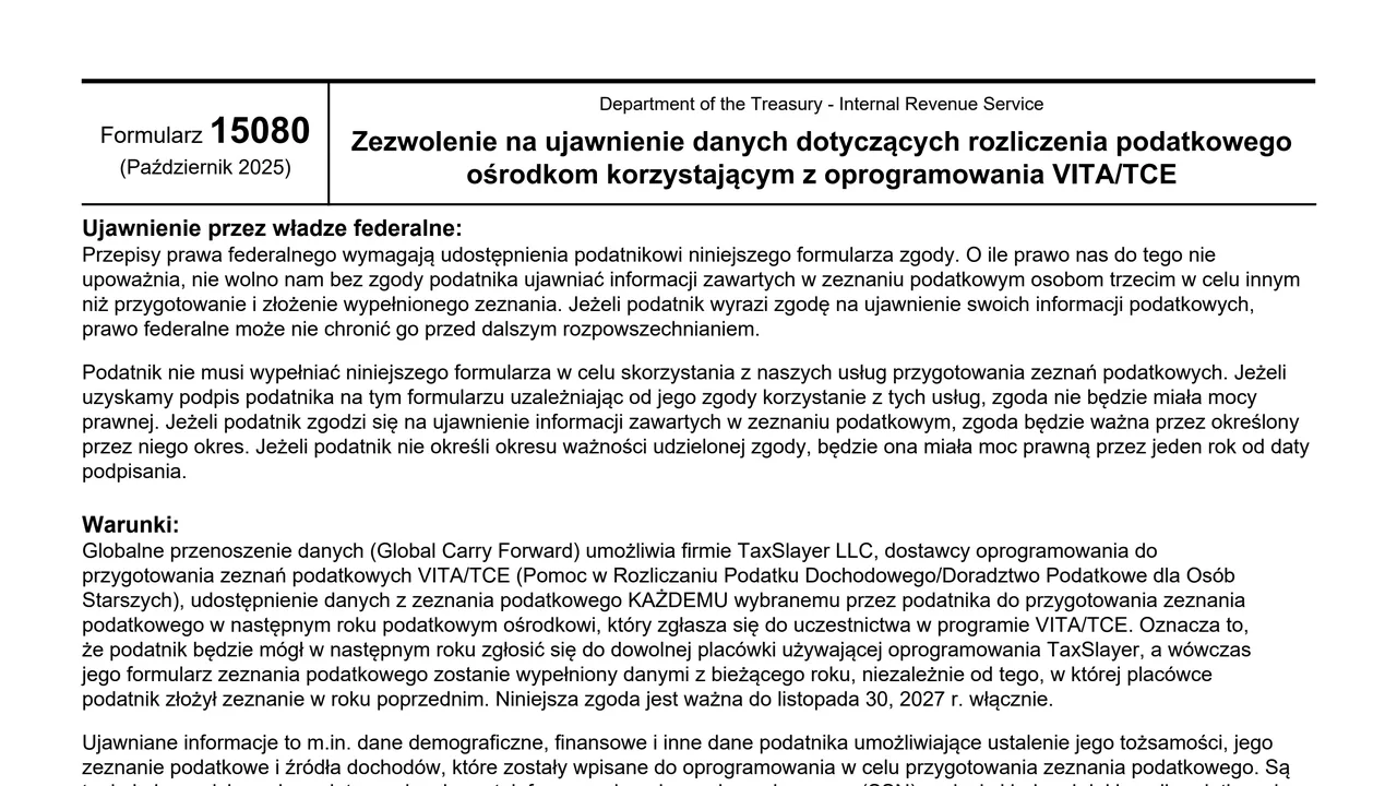 Top of page 1 of Form 15080 (pl): Consent to Disclose to VITA/TCE Sites, Polish Version, as printed by IRS