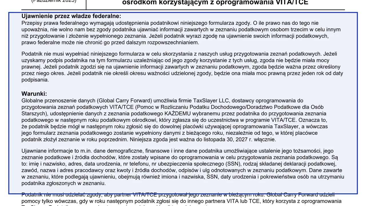 Ujawnienie przez władze federalne on page 1 of Form 15080 (pl): Consent to Disclose to VITA/TCE Sites, Polish Version, as printed by IRS