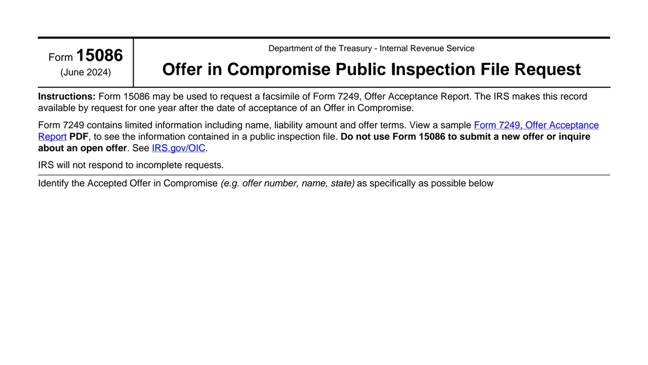 Top of page 1 of Form 15086: Offer in Compromise Public Inspection File Request, as printed by IRS