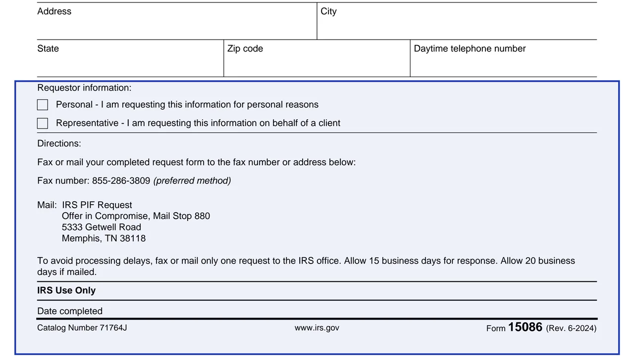 Requestor information on page 1 of Form 15086: Offer in Compromise Public Inspection File Request, as printed by IRS