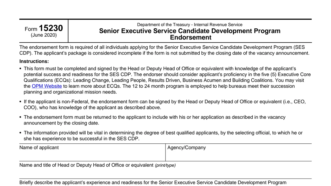 Top of page 1 of Form 15230: Senior Executive Service Candidate Development Program Endorsement, as printed by IRS