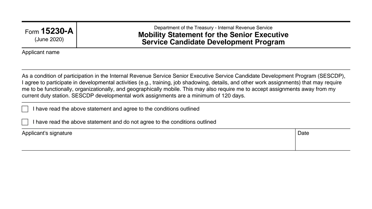 Top of page 1 of Form 15230-A: Mobility Statement for the Senior Executive Service Candidate Program, as printed by IRS