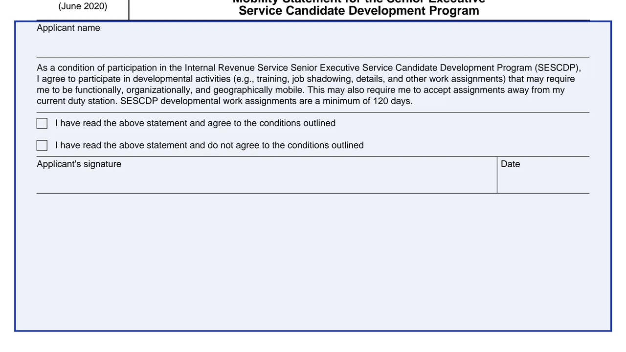 Applicant name on page 1 of Form 15230-A: Mobility Statement for the Senior Executive Service Candidate Program, as printed by IRS
