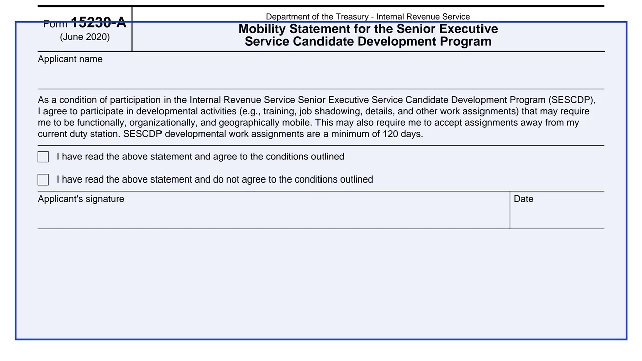 Mobility statement on page 1 of Form 15230-A: Mobility Statement for the Senior Executive Service Candidate Program, as printed by IRS