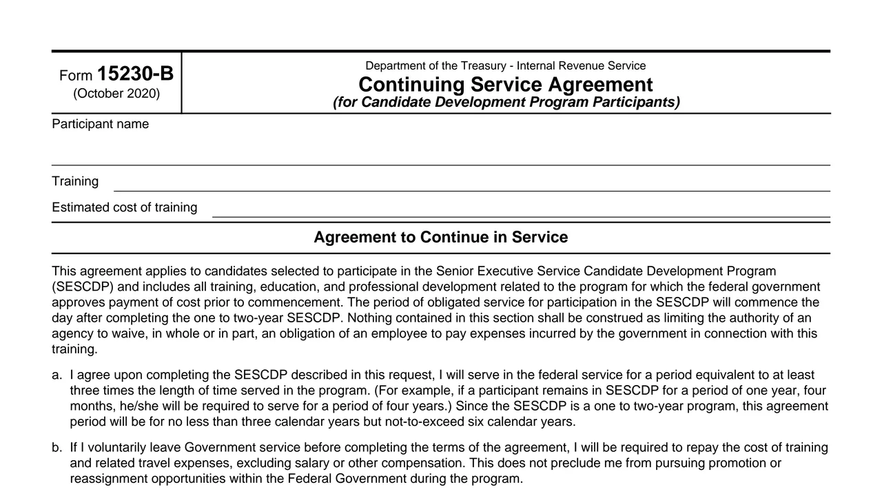 Top of page 1 of Form 15230-B: Continuing Service Agreement for Candidate Development Program Participants, as printed by IRS