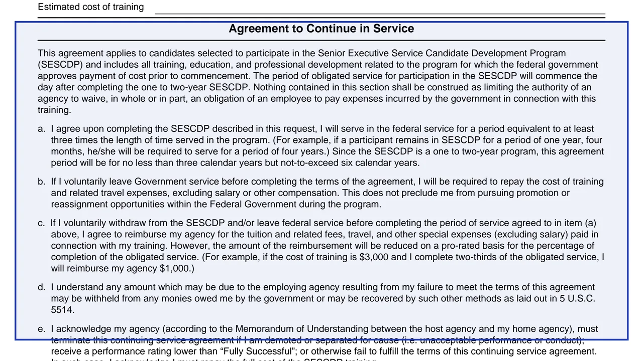 Agreement to Continue in Service on page 1 of Form 15230-B: Continuing Service Agreement for Candidate Development Program Participants, as printed by IRS