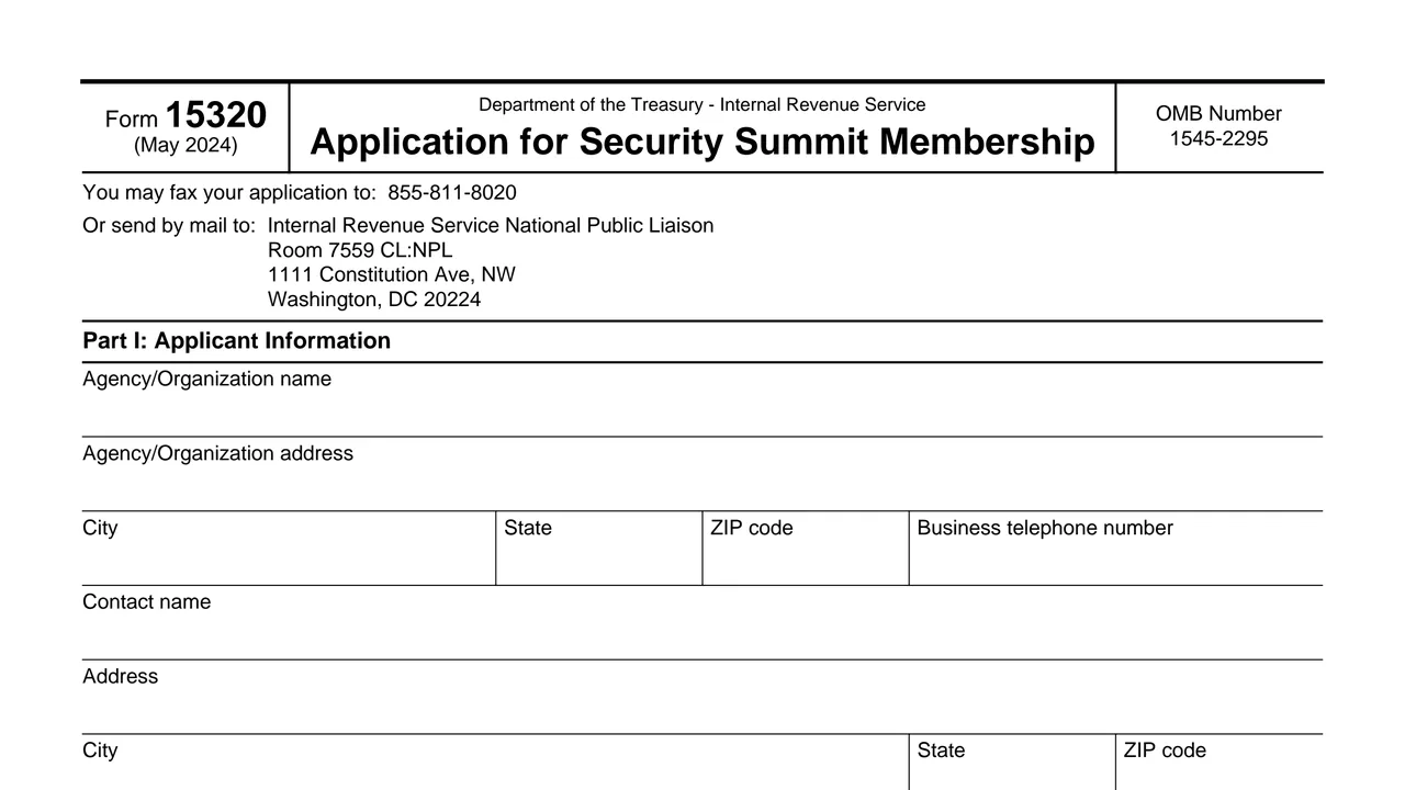 Top of page 1 of Form 15320: Application for Security Summit Membership, as printed by IRS