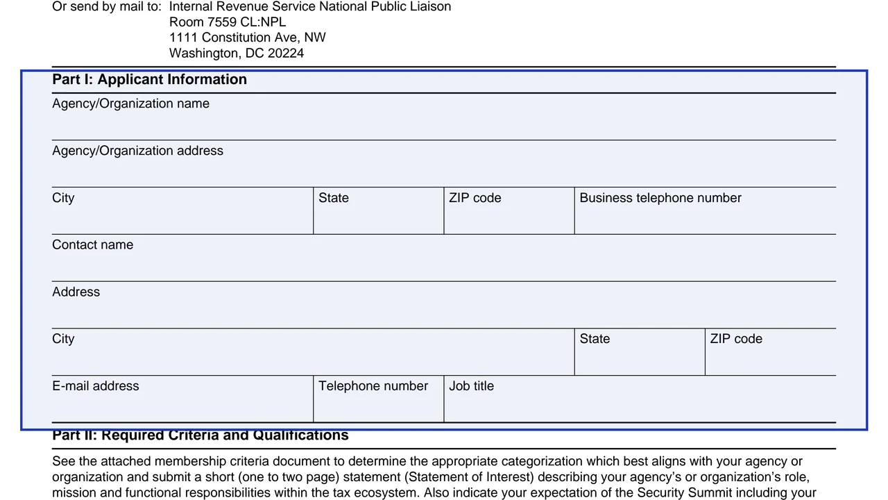 Part I: Applicant Information on page 1 of Form 15320: Application for Security Summit Membership, as printed by IRS