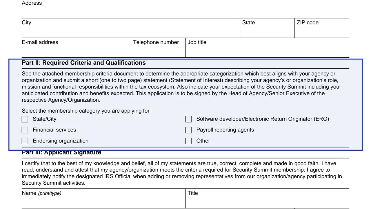 Part II: Required Criteria and Qualifications on page 1 of Form 15320: Application for Security Summit Membership, as printed by IRS