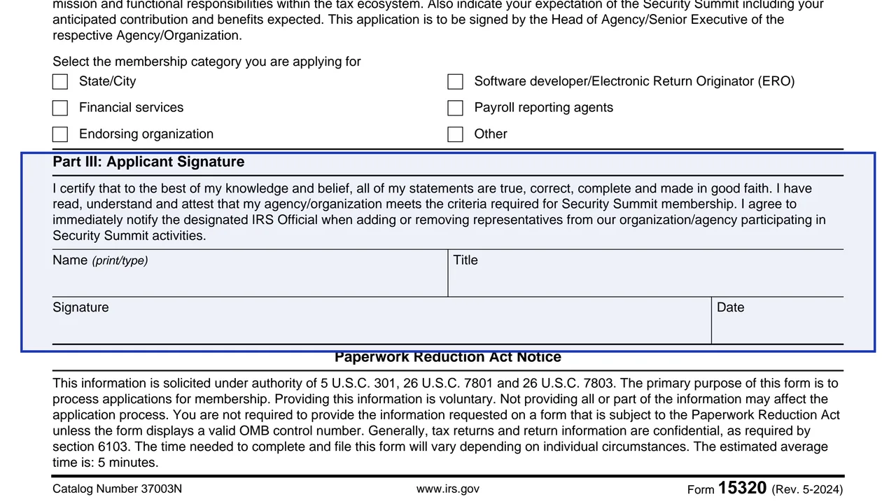 Part III: Applicant Signature on page 1 of Form 15320: Application for Security Summit Membership, as printed by IRS