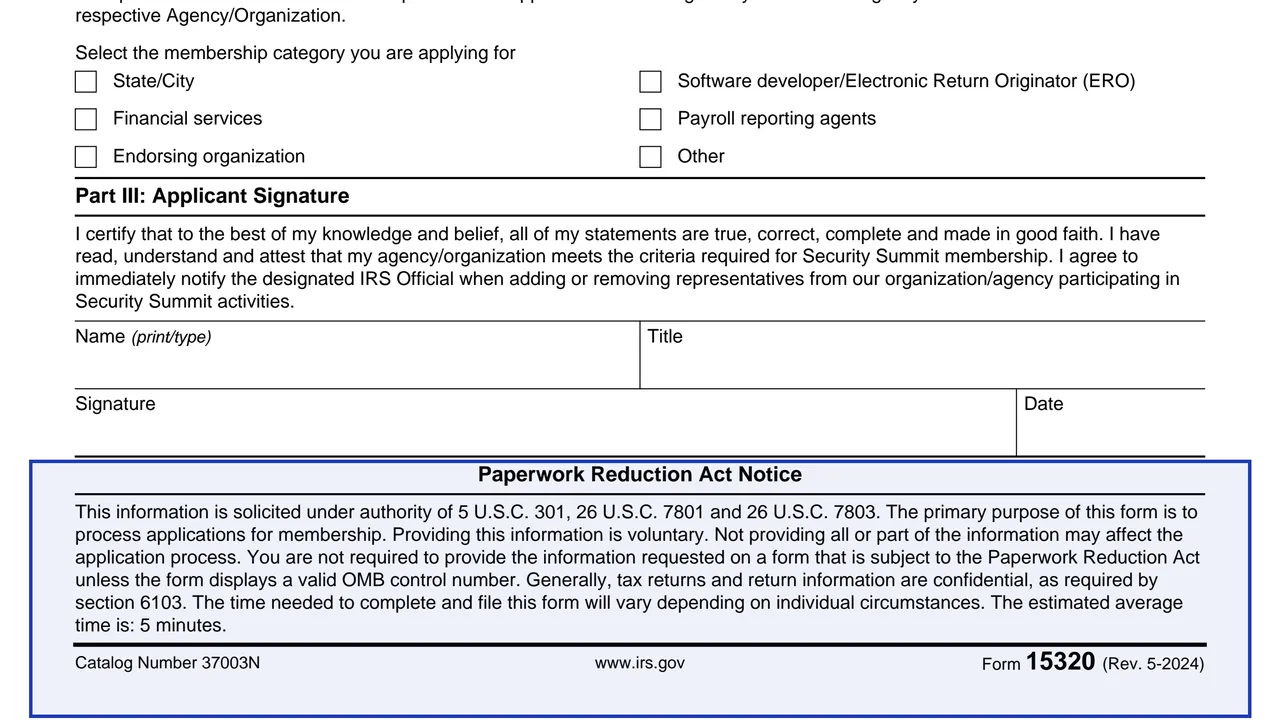 Paperwork Reduction Act Notice on page 1 of Form 15320: Application for Security Summit Membership, as printed by IRS