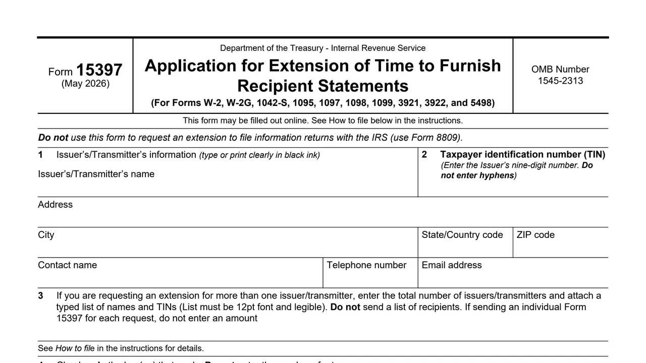 Top of page 1 of Form 15397: Application for Extension of Time to Furnish Recipient Statements, as printed by IRS