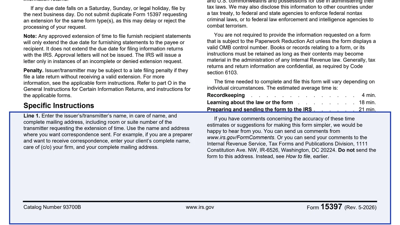 Line 1: issuer's/transmitter's information on page 2 of Form 15397: Application for Extension of Time to Furnish Recipient Statements, as printed by IRS