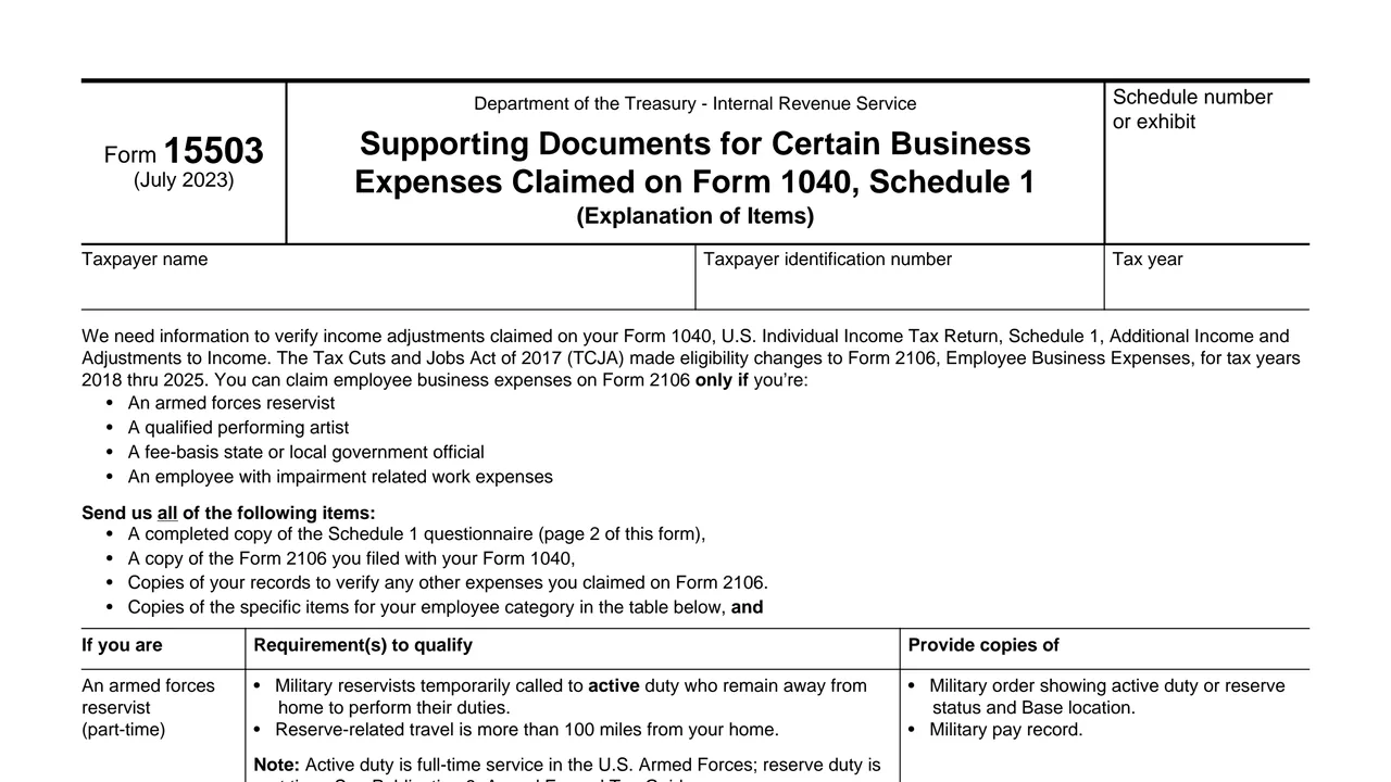 Top of page 1 of Form 15503: Supporting Documents for Business Expenses Claimed on Form 1040, Schedule 1, as printed by IRS
