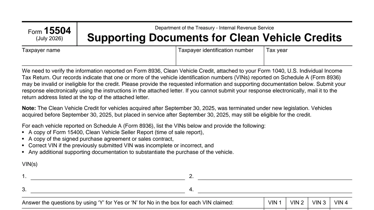 Top of page 1 of Form 15504: Supporting Documents for Clean Vehicle Credits, as printed by IRS