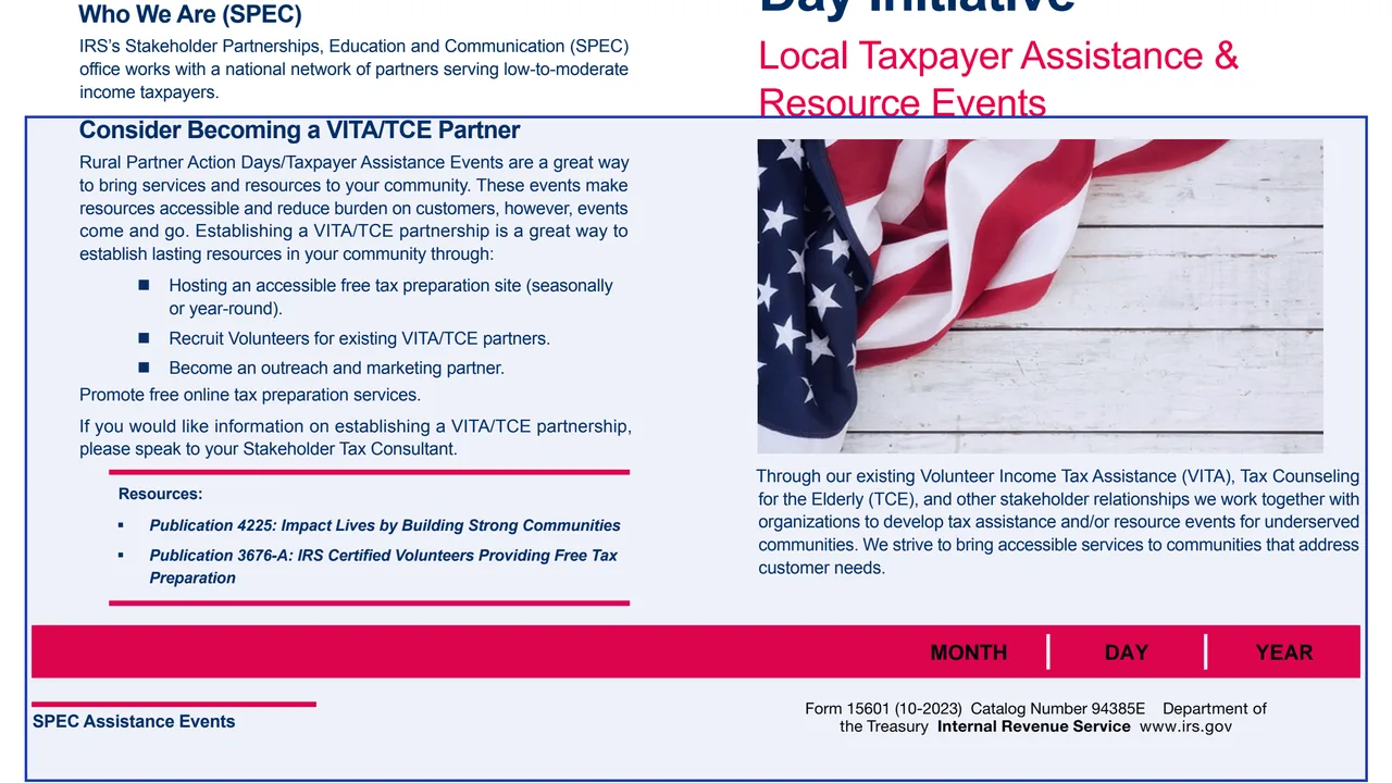 Consider Becoming a VITA/TCE Partner on page 1 of Form 15601: Rural Partner Action Day Initiative, as printed by IRS