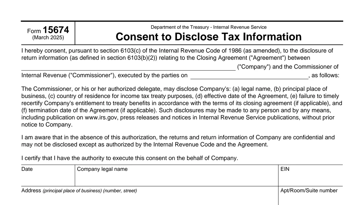 Top of page 1 of Form 15674: Consent to Disclose Tax Information, as printed by IRS