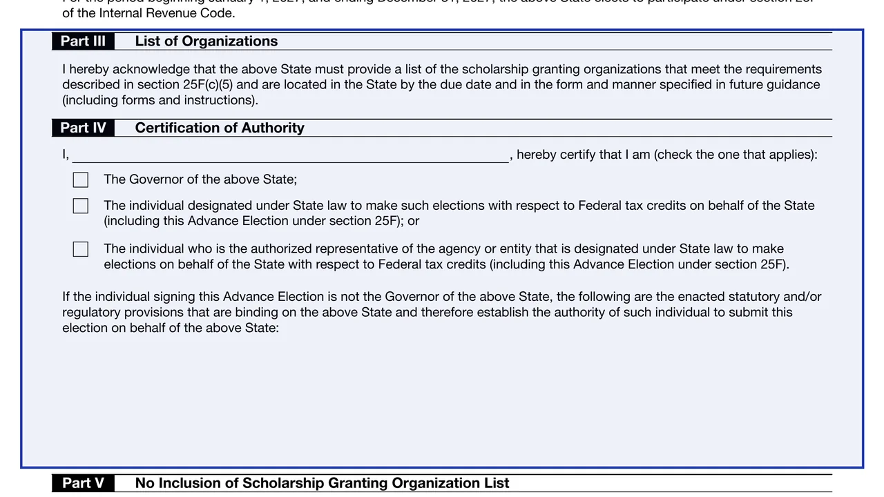 Part III: List of Organizations on page 1 of Form 15714: Advance Election to Participate Under Section 25F for 2027, as printed by IRS