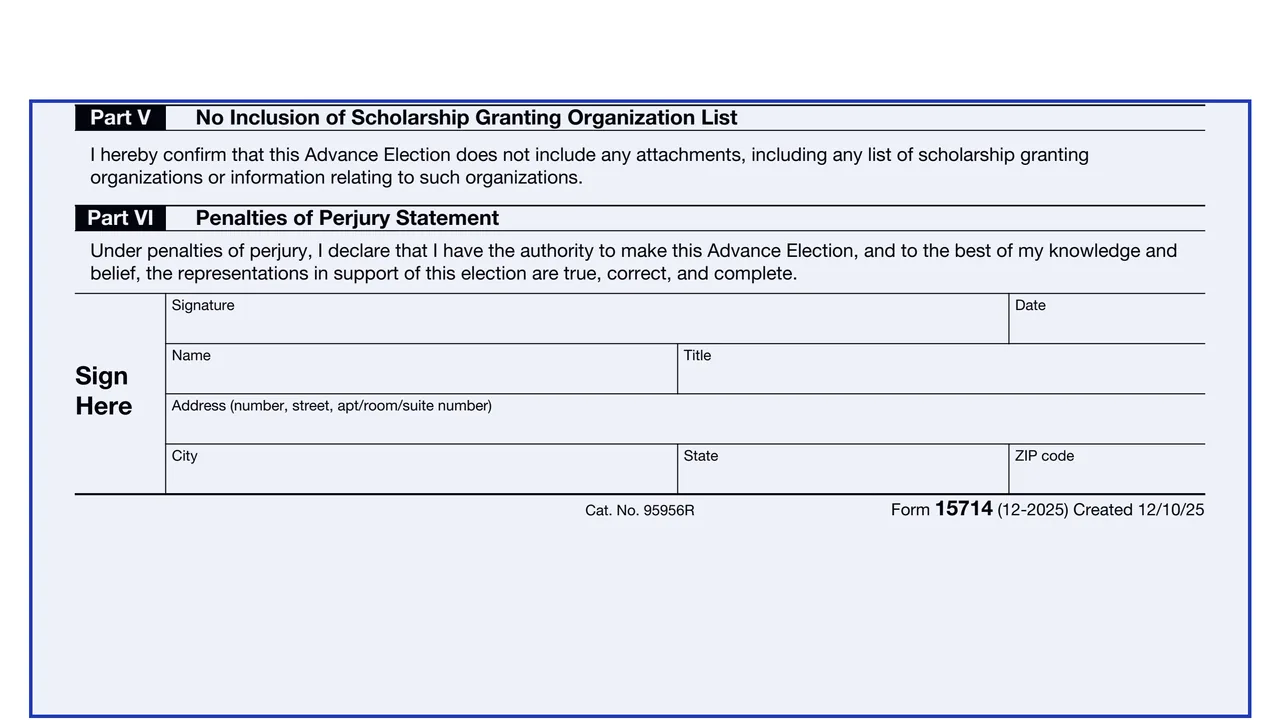 Part V: No Inclusion of SGO List on page 1 of Form 15714: Advance Election to Participate Under Section 25F for 2027, as printed by IRS