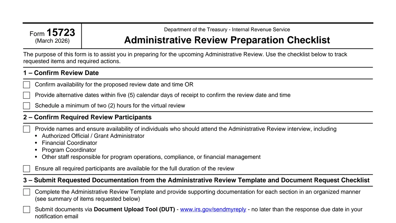Top of page 1 of Form 15723: Administrative Review Preparation Checklist, as printed by IRS