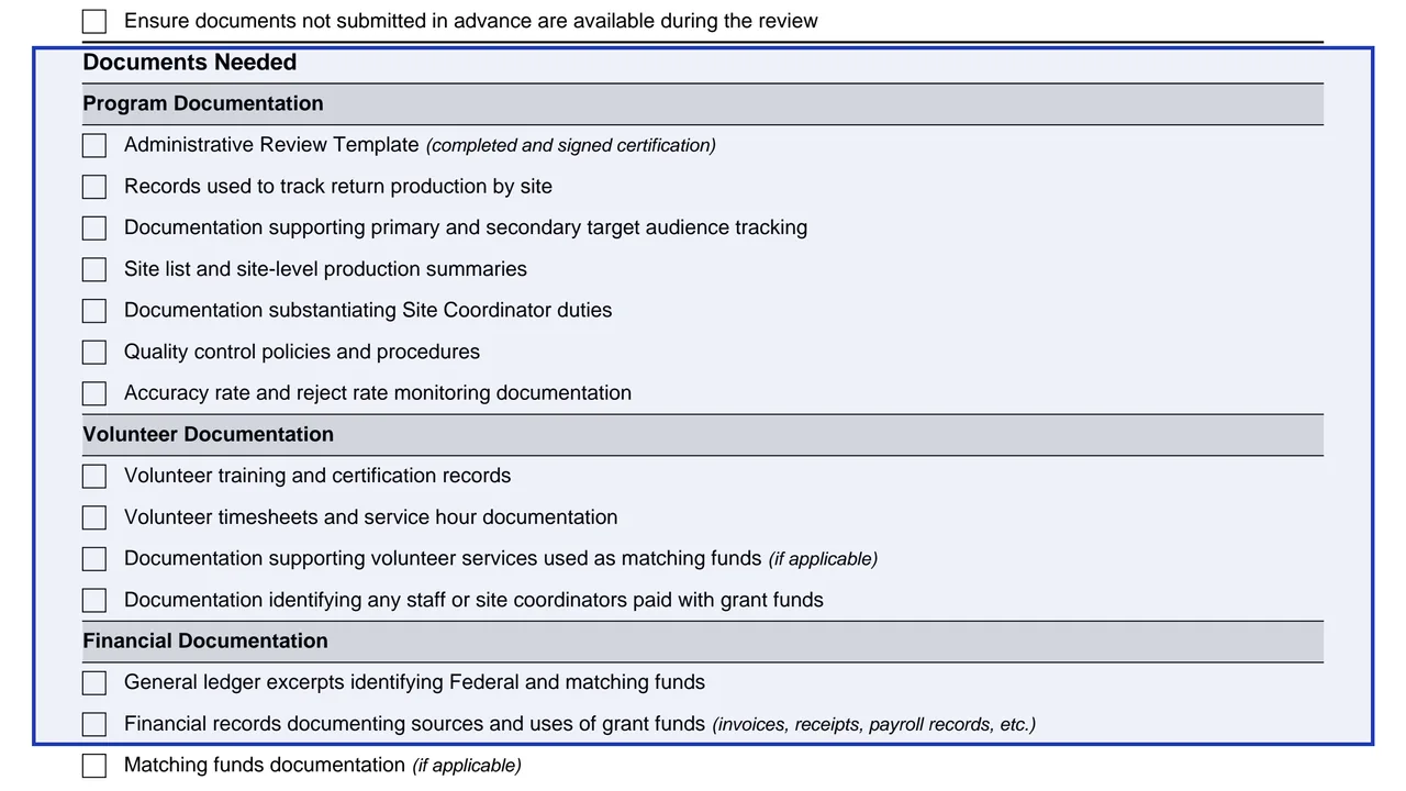Documents Needed on page 1 of Form 15723: Administrative Review Preparation Checklist, as printed by IRS