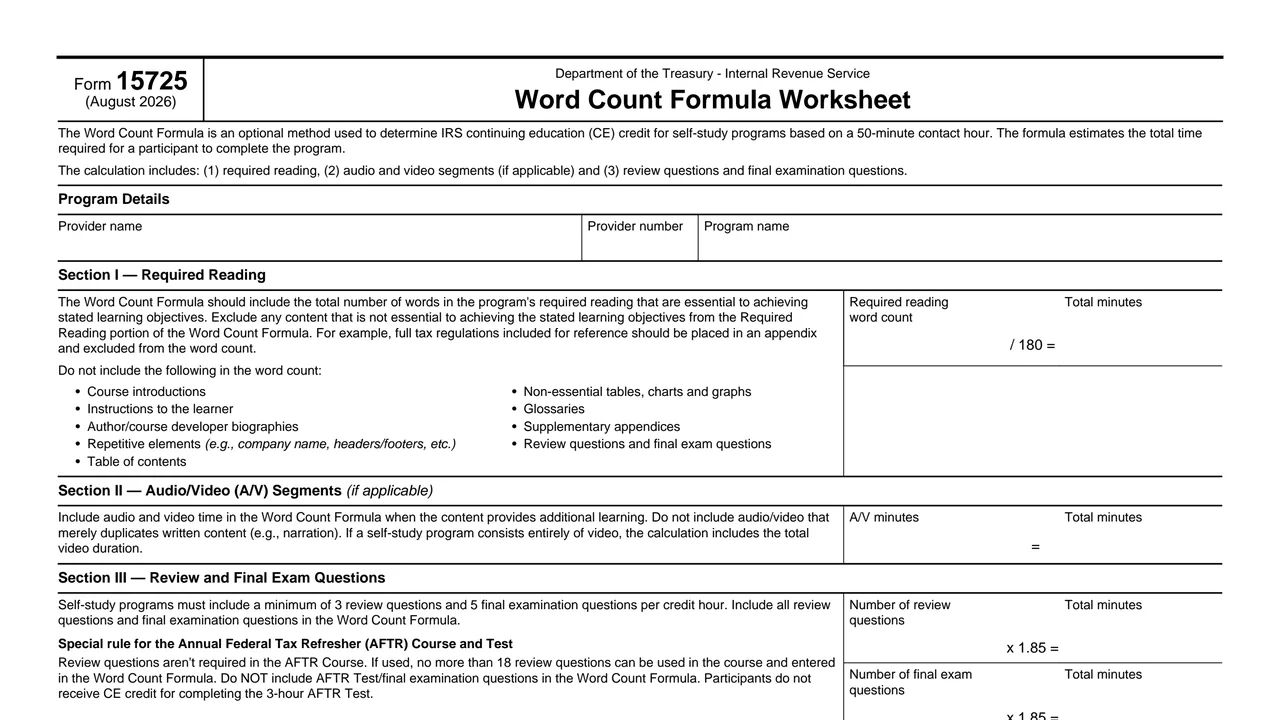 Top of page 1 of Form 15725: Word Count Formula Worksheet, as printed by IRS