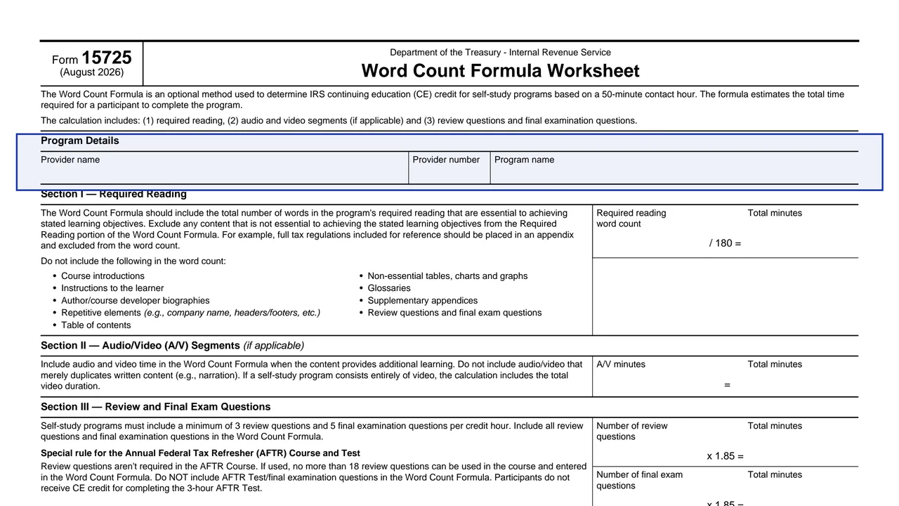 Program Details on page 1 of Form 15725: Word Count Formula Worksheet, as printed by IRS