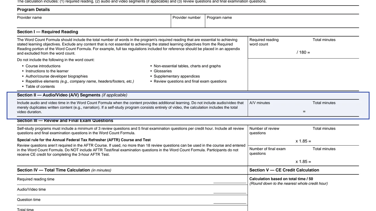 Section II: Audio/Video Segments on page 1 of Form 15725: Word Count Formula Worksheet, as printed by IRS