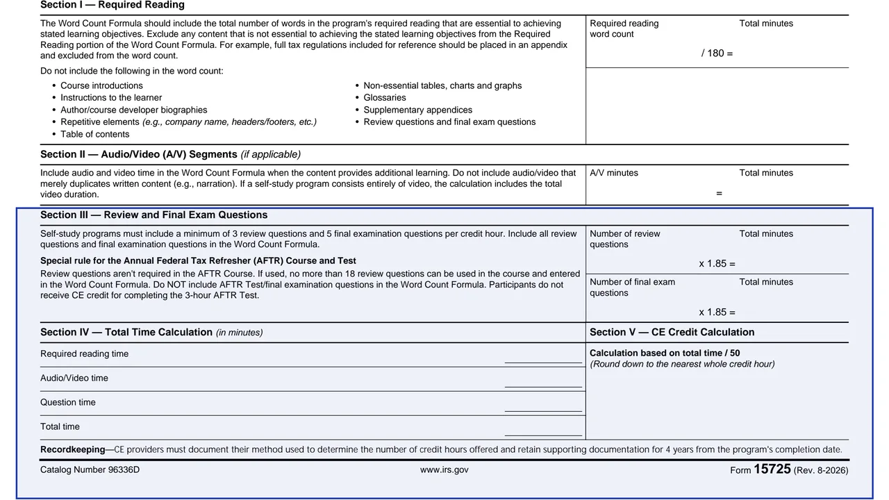 Section III: Review and Final Exam Questions on page 1 of Form 15725: Word Count Formula Worksheet, as printed by IRS