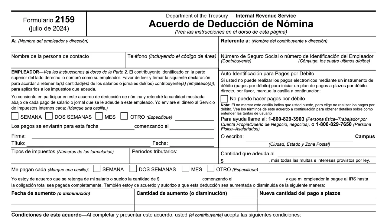 Top of page 1 of Form 2159 (sp): Payroll Deduction Agreement, Spanish Version, as printed by IRS