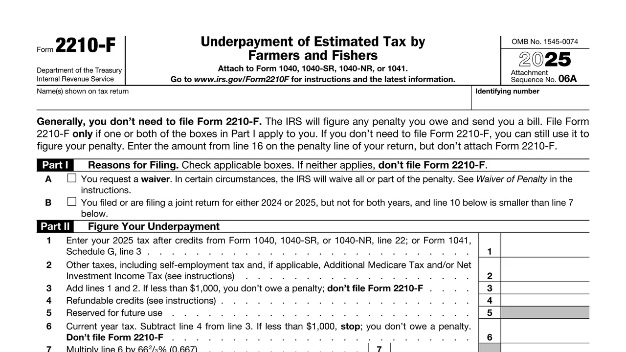 Top of page 1 of Form 2210-F: Underpayment of Estimated Tax by Farmers and Fishers (2025), as printed by IRS
