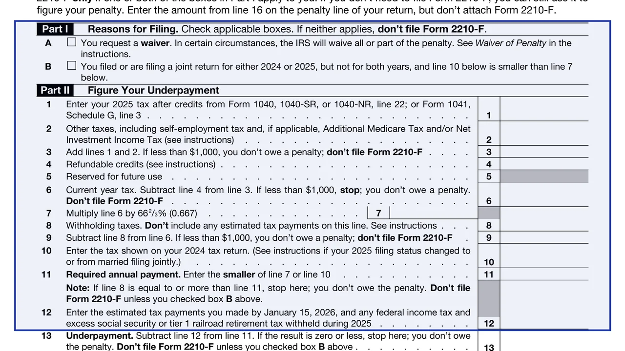Part I: Reasons for Filing on page 1 of Form 2210-F: Underpayment of Estimated Tax by Farmers and Fishers (2025), as printed by IRS