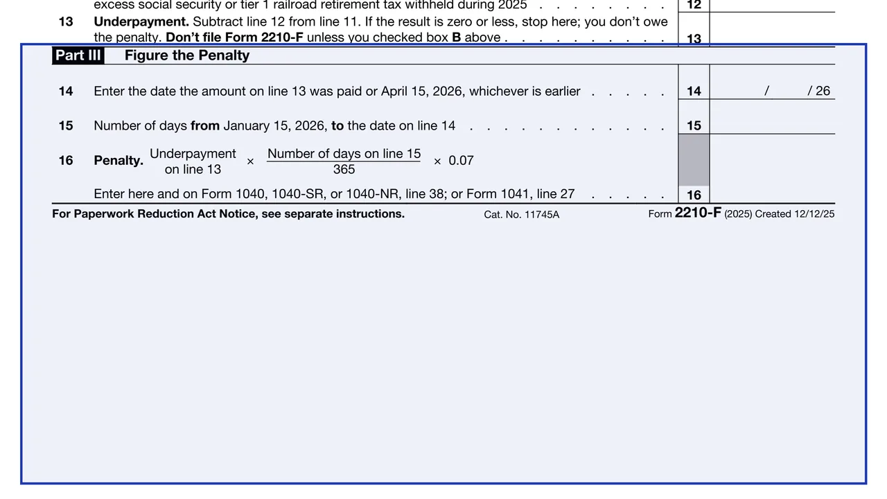 Part III: Figure the Penalty on page 1 of Form 2210-F: Underpayment of Estimated Tax by Farmers and Fishers (2025), as printed by IRS
