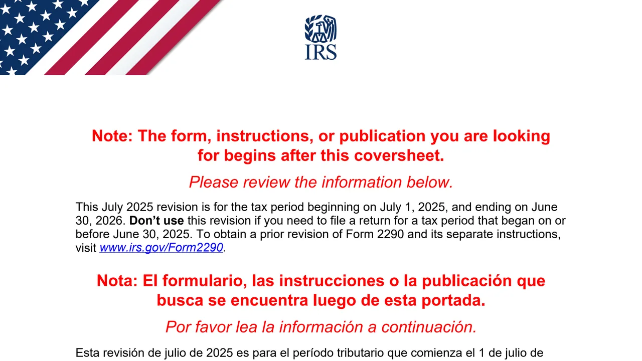 Top of page 1 of Form 2290 (Rev. July 2025): Heavy Highway Vehicle Use Tax Return, as printed by IRS