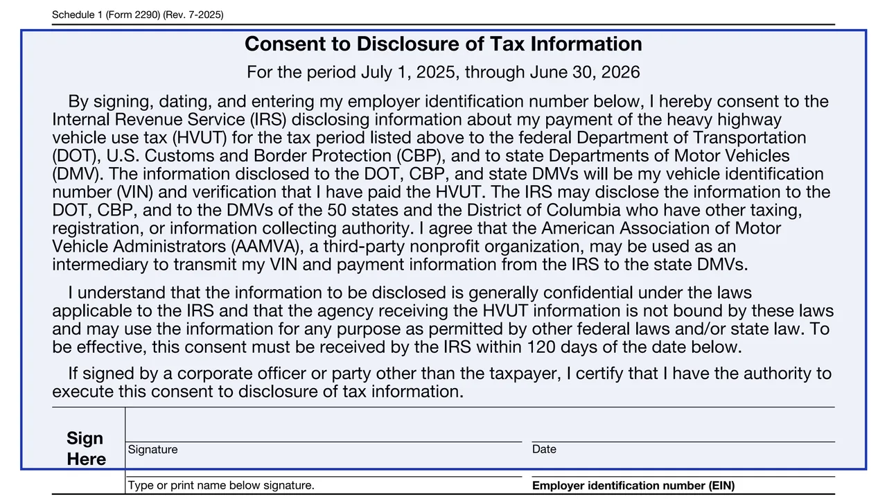 Consent to Disclosure on page 9 of Form 2290 (Rev. July 2025): Heavy Highway Vehicle Use Tax Return, as printed by IRS
