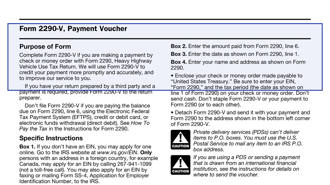 Form 2290-V on page 10 of Form 2290 (Rev. July 2025): Heavy Highway Vehicle Use Tax Return, as printed by IRS