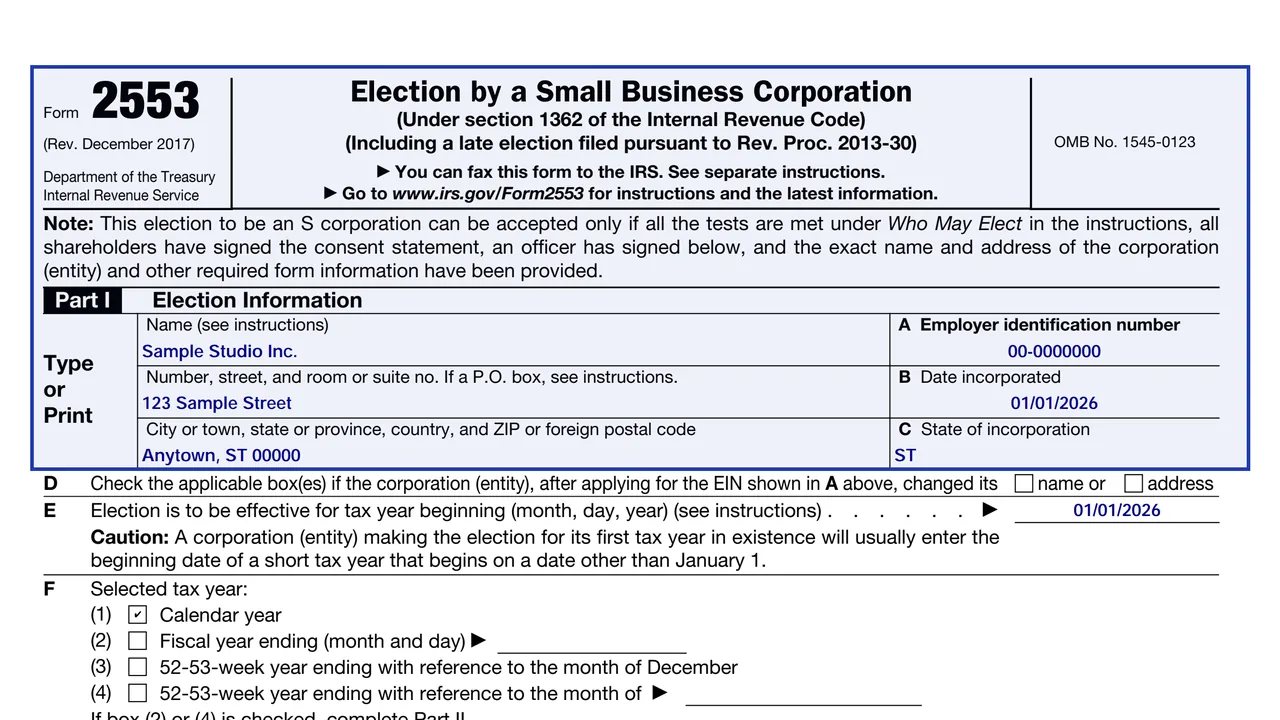 Page 1 of Form 2553 with the election title, Part I name, address, EIN and incorporation date, sample values