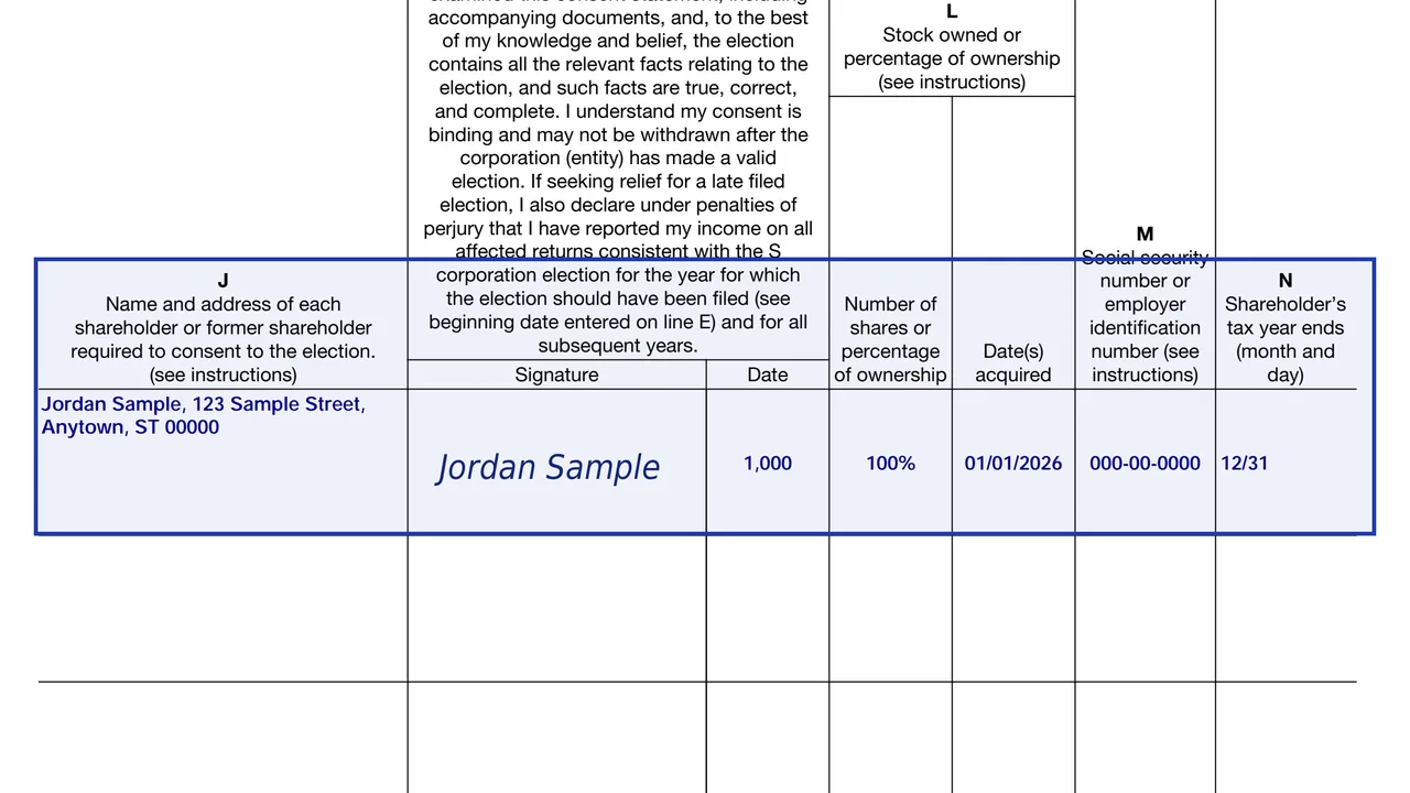 Columns J to N of Form 2553 listing each shareholder's name, shares, acquisition dates, tax number and consent signature