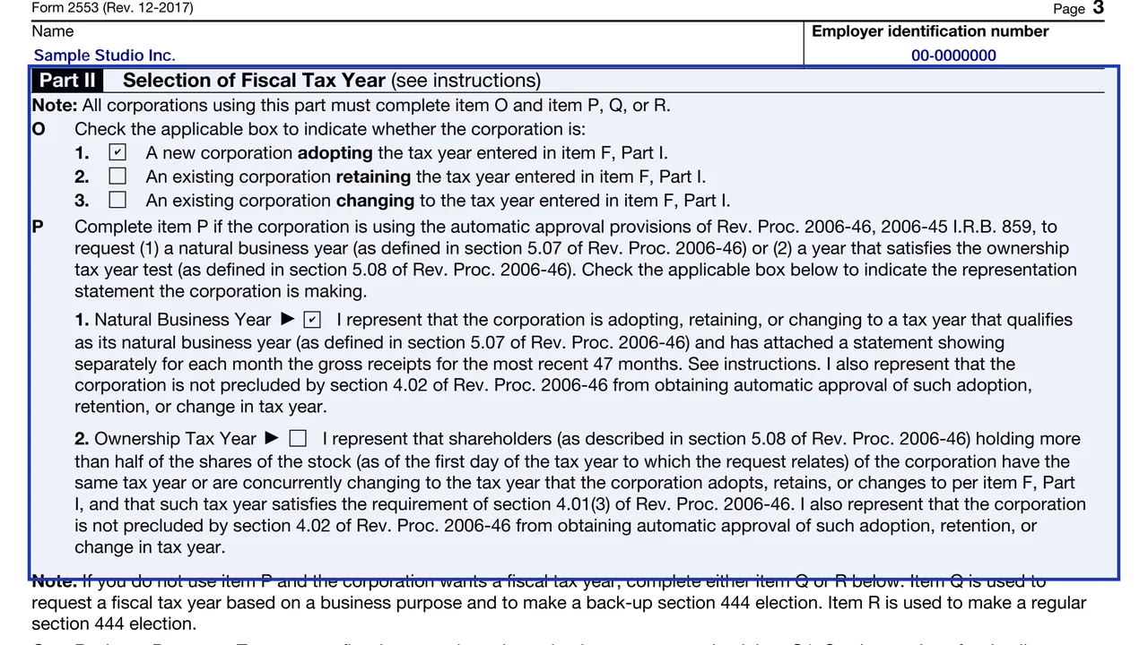 Part II of Form 2553 with items O and P for a fiscal year election and the natural business year box checked