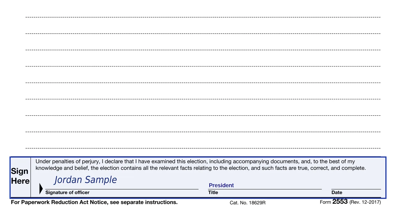 The signature line of Form 2553 where an authorized corporate officer signs and dates