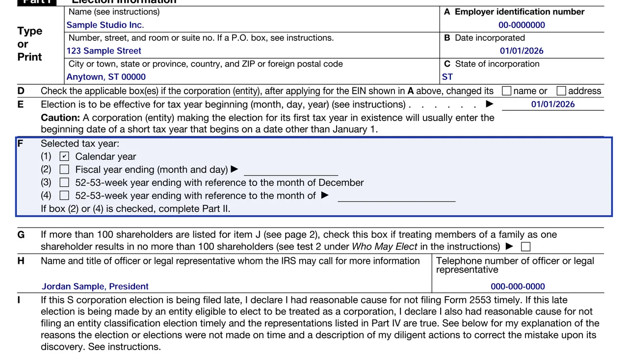 Item F of Form 2553 with the tax year box checked and Part II flagged when box 2 or 4 is chosen