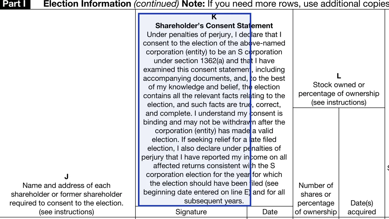 The shareholder consent statement column of Form 2553 that every shareholder, including spouses, minors, estates and trusts, signs