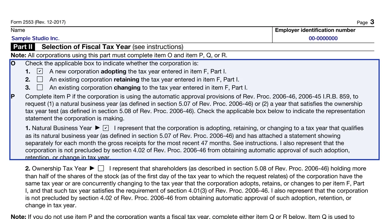 Items O and P of Form 2553 Part II with the new corporation box and the natural business year box checked