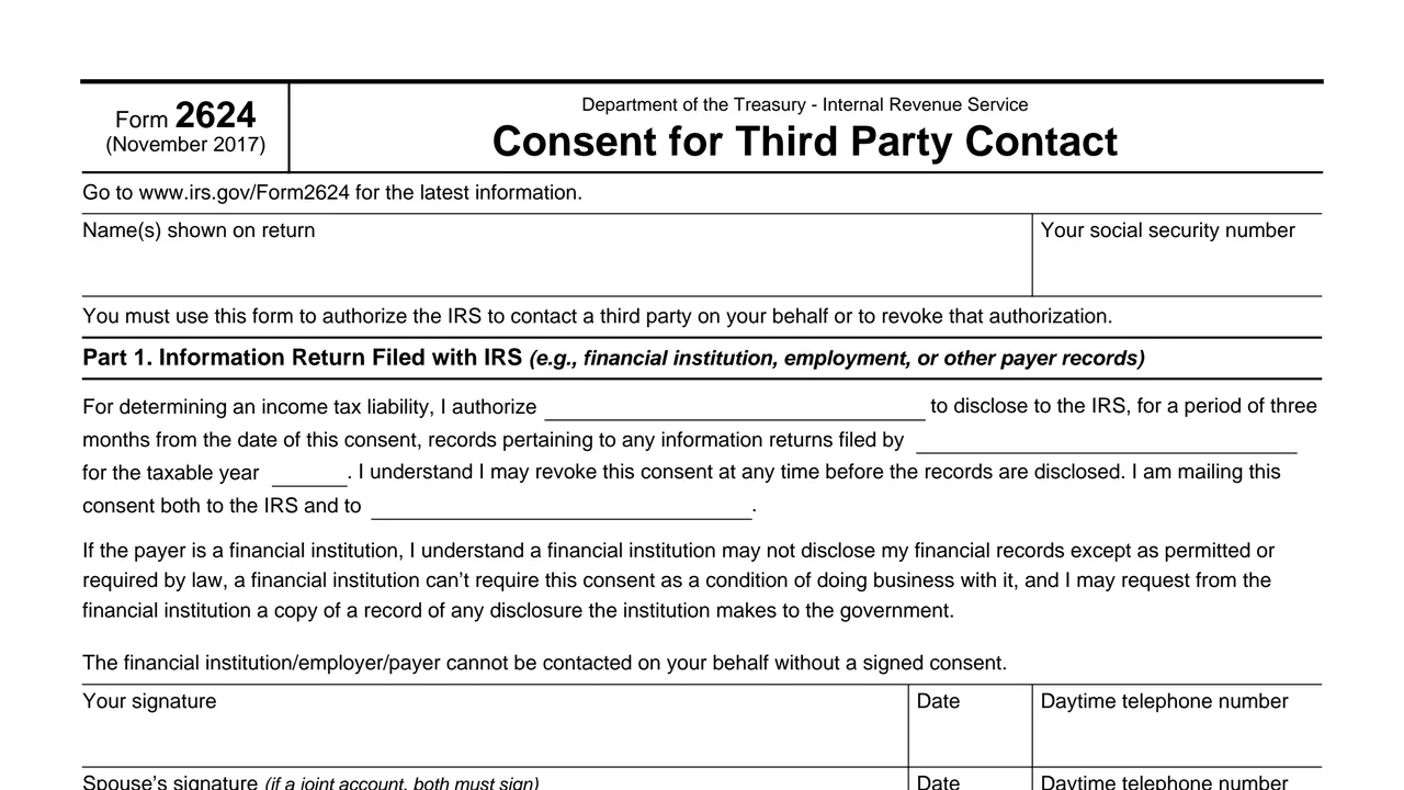 Top of page 1 of Form 2624: Consent for Third Party Contact, as printed by IRS