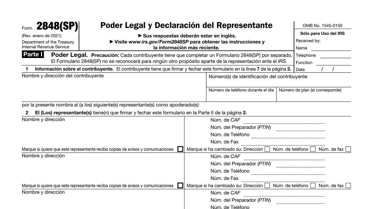 Top of page 1 of Form 2848(SP) in Spanish: Power of Attorney and Declaration of Representative, as printed by IRS