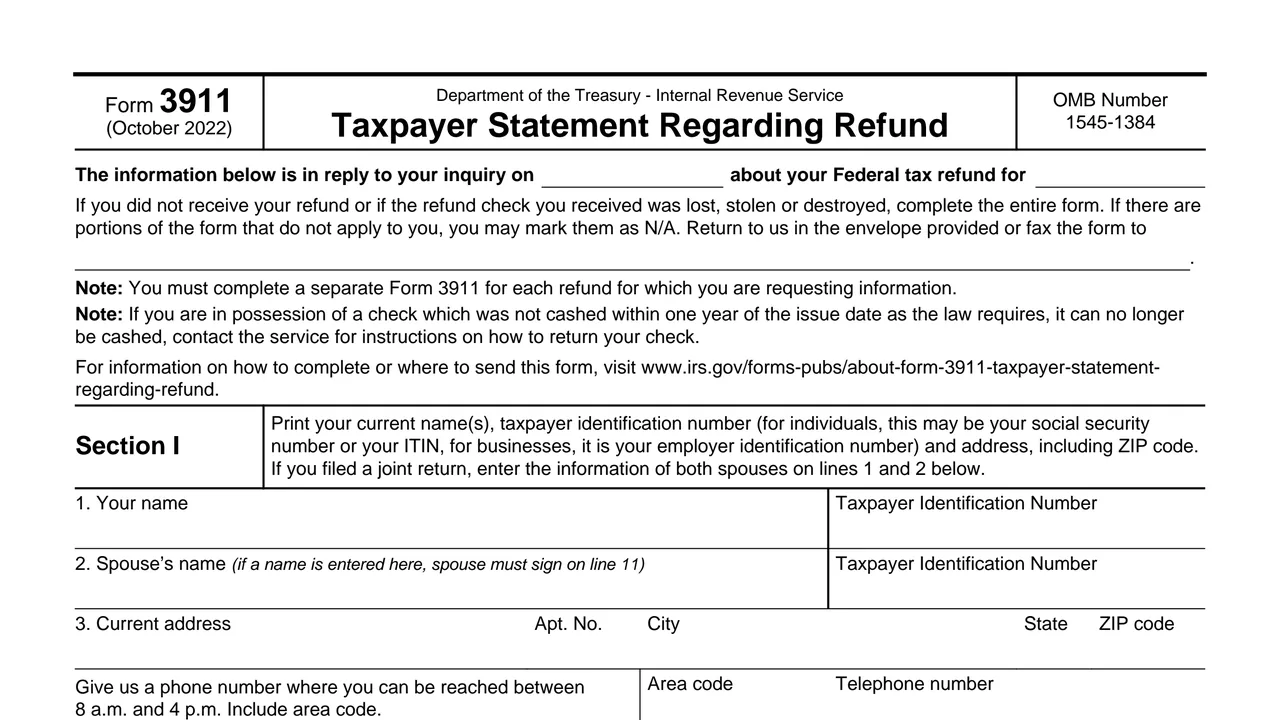 Top of page 1 of Form 3911: Taxpayer Statement Regarding Refund, as printed by IRS
