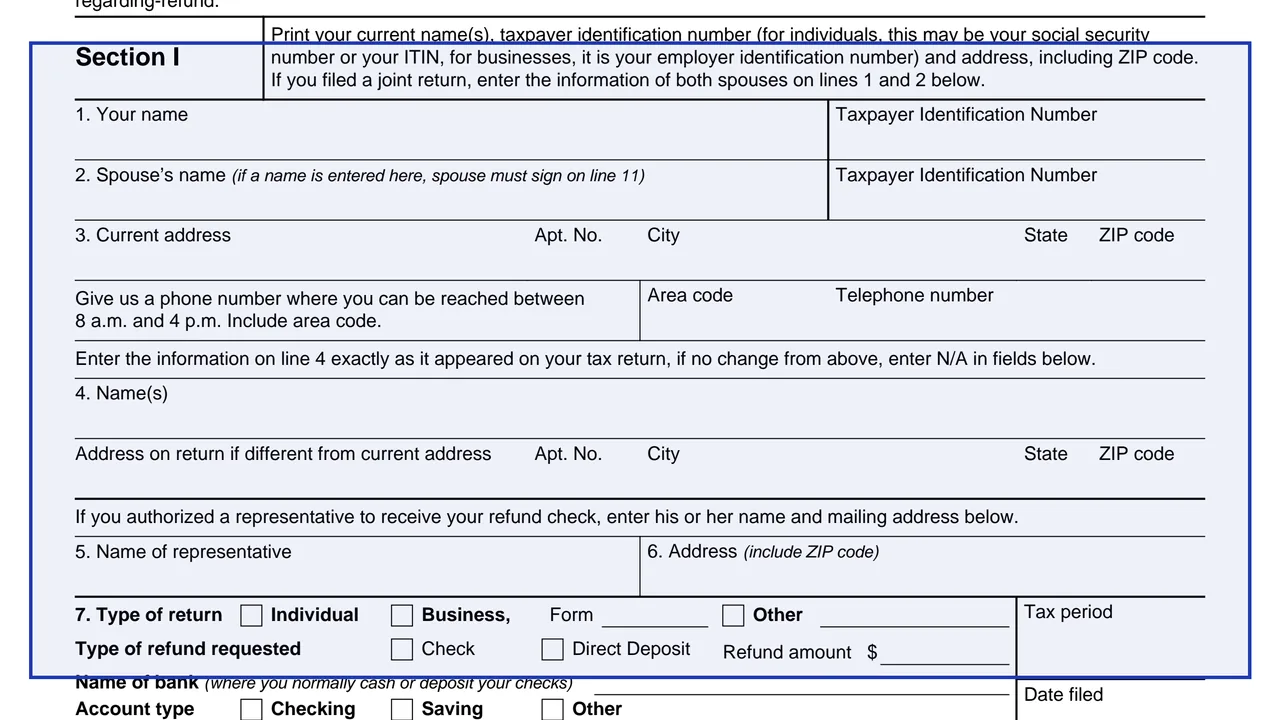 Section I, lines 1 to 3 on page 1 of Form 3911: Taxpayer Statement Regarding Refund, as printed by IRS