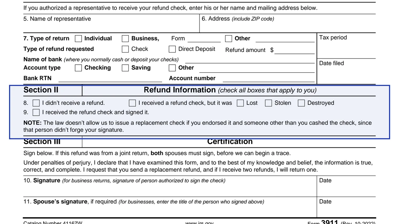 Section II: refund information on page 1 of Form 3911: Taxpayer Statement Regarding Refund, as printed by IRS